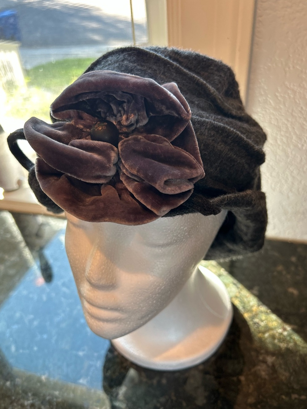 Rita Daly Millinery Ireland  wool hat w velvet Flower. Punky Brewster. Artsy.